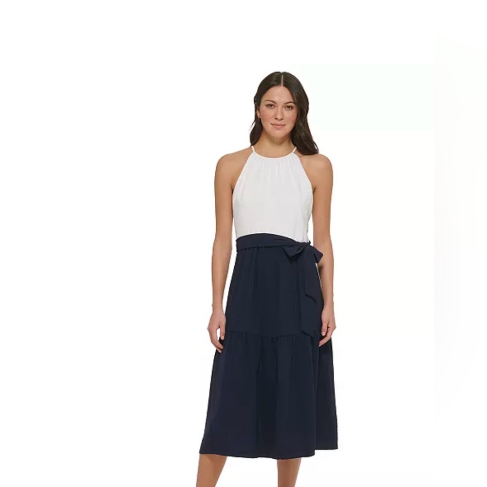 DKNY Tiered Maxi Dress Size 10 Halter Sleeveless White Navy Blue(missing belt)